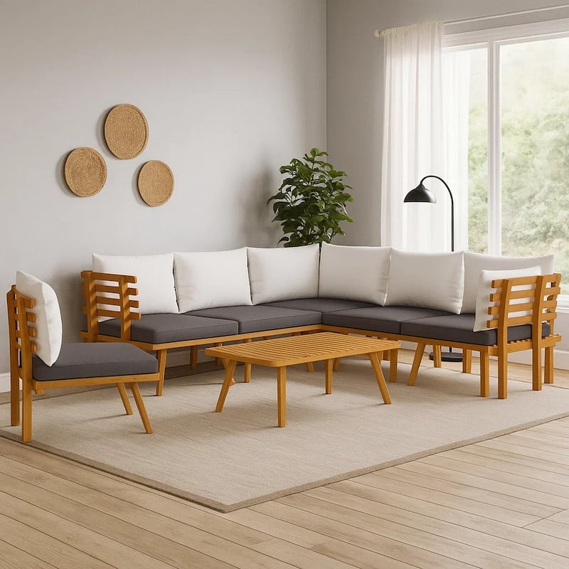 Roma 7pc Outdoor Modular Corner Sofa Set, Coffee Table, Acacia Wood