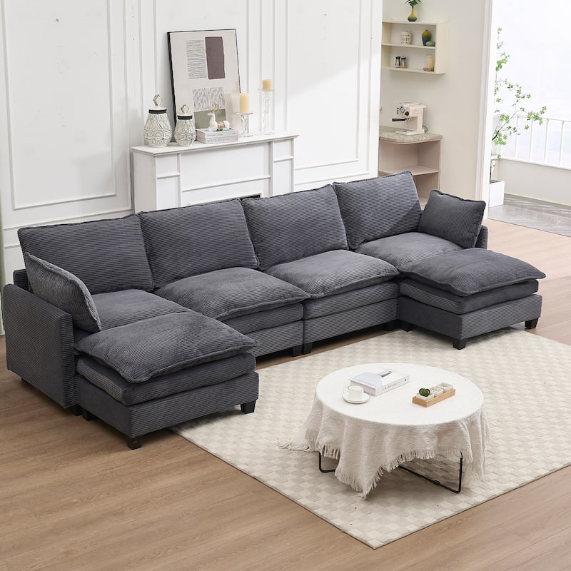 137" Velvet U-Shaped Sectional Sofa with 2 Ottomans, Deep Seat - Gray