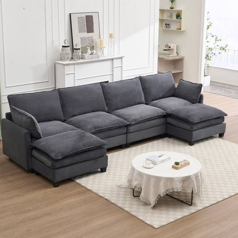 New Oversized Modular Velvet U-Shaped 4-Seat Sofa with 2 Ottoman and 2 Lumbar Pillow for Living Room, Dark Gray - Multi-Color