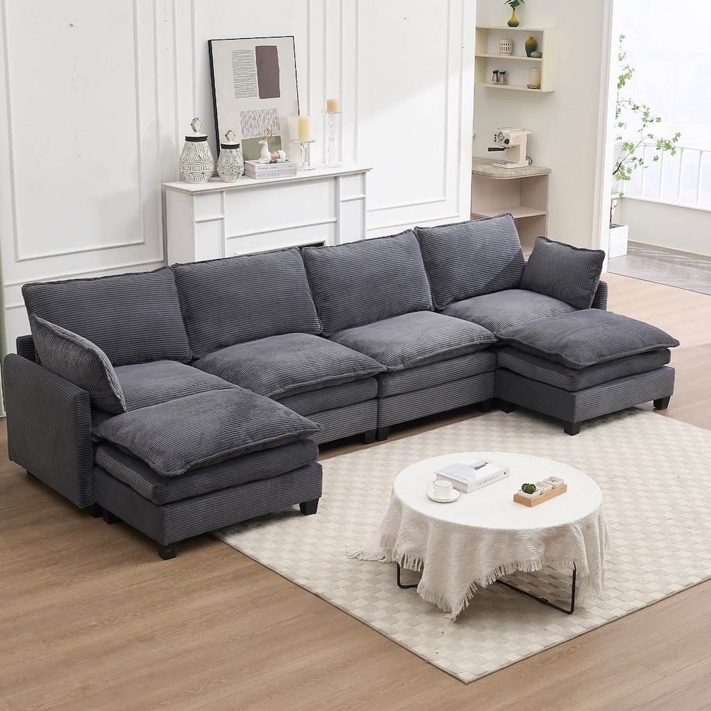 New Oversized Modular Velvet U-Shaped 4-Seat Sofa with 2 Ottoman and 2 Lumbar Pillow for Living Room, Dark Gray