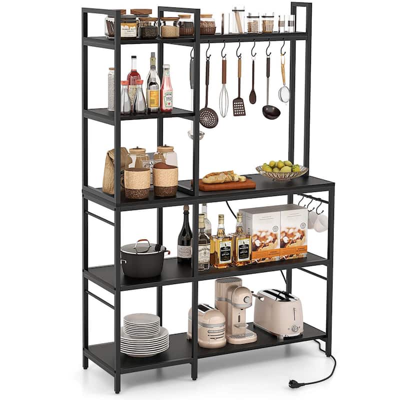 Costway Bakers Rack 5-Tier Coffee Bar Table with 10 S-Shaped Hooks & - See Details - Black