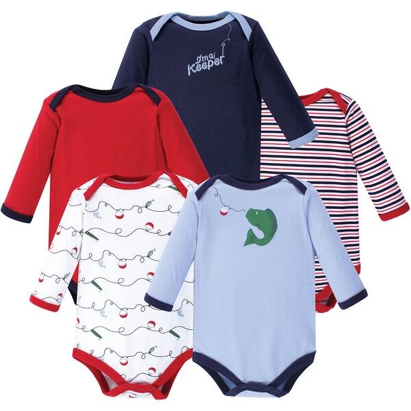 slide 1 of 1, Luvable Friends Baby Boy Cotton Long-Sleeve Bodysuits 5pk, Fish 0-3 Months - Fish