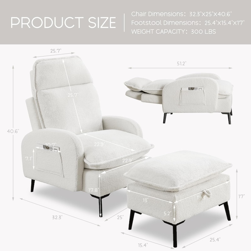 HOMYKA Upholstered Lounge Accent Chairwith Adjustable Backrest Storage Ottoman