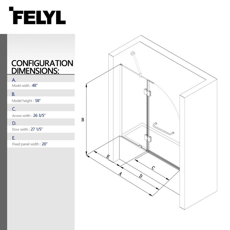 FELYL 48-inch Hinged Frameless Tub Door with Heat Soaking Process and Protective Coating Clear Glass