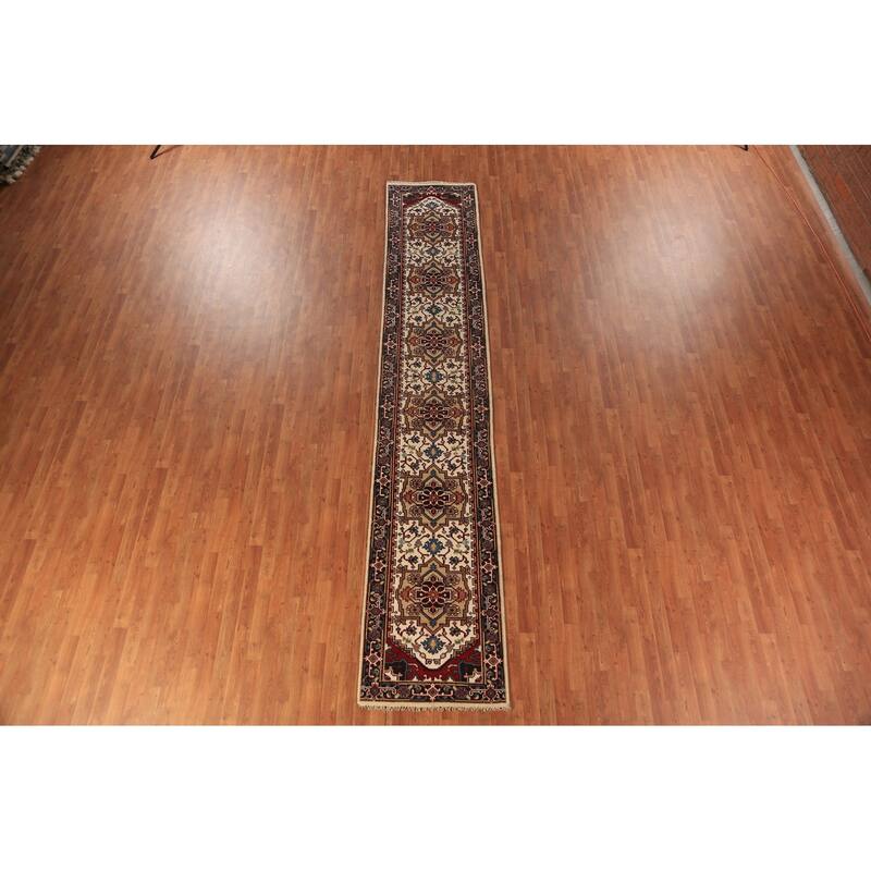 Geometric Heriz Serapi Indian Runner Rug Handmade Wool Carpet - 2'6"x 13'10"