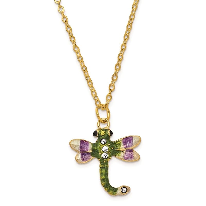 Curata Pewter Bejeweled Crystals Gold-Tone Enameled Dewey Green Dragonfly Trinket Box on 18 Inch Necklace