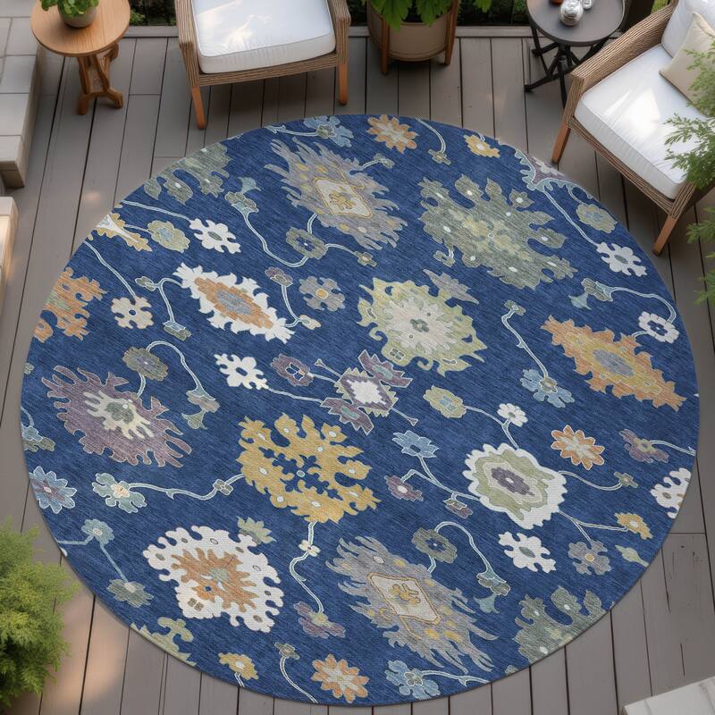 Machine Washable Indoor/ Outdoor Traditonal Delhi Chantille Rug - Navy - 8' x 8'