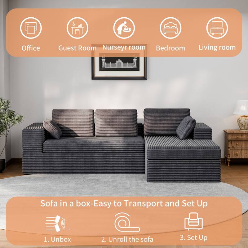 Modland 108”L-Shaped Modular Corduroy Couch with Deep Seats Comfy Sectional Sofa for Living Room