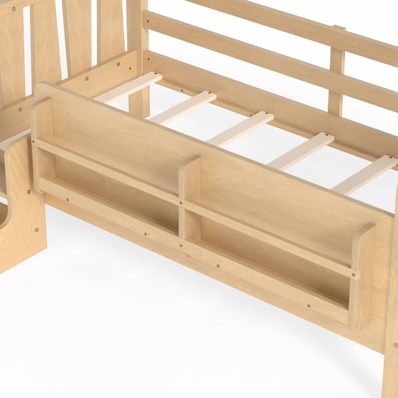 Full/Twin Floor Bed with Storage Bookcases & Cute Stairs - Solid Wood Kids Bed, No Box Spring