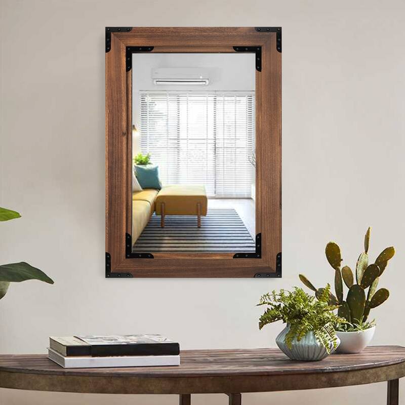 Rustic Wooden Framed Wall Mirror, Natural Wood Bathroom Vanity Mirror