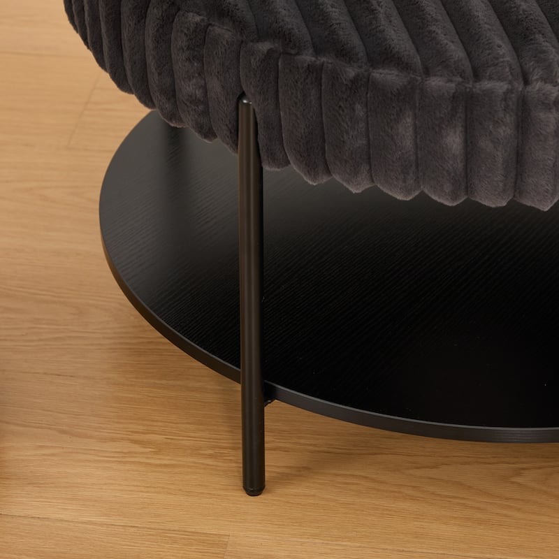 30.9"Wide Upholstered Round Ottoman Coffee Table Foot Rest with Black Metal Legs, Footstool with Wooden Open Storage Shelf