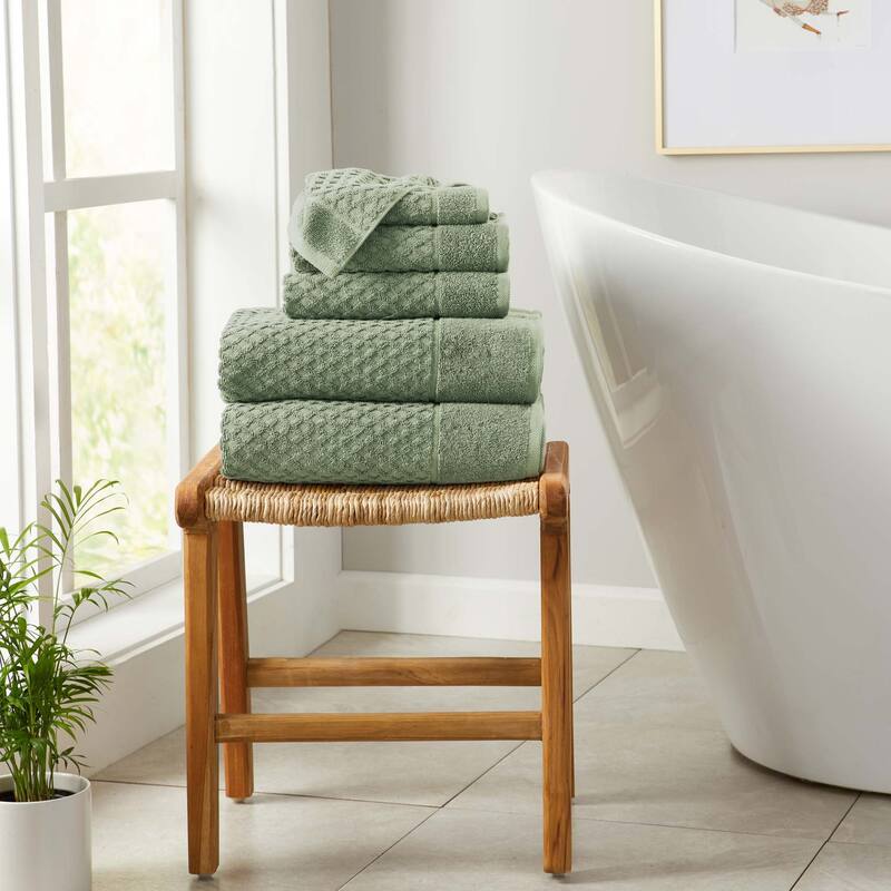 Linery & Co. Cotton Diamond Waffle Texture Bath Towels - 6 Piece Set - Eucalyptus