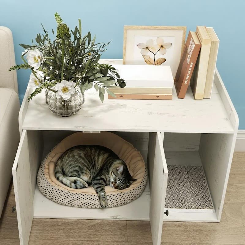 Cat Litter Box Enclosure with Scratching Mat