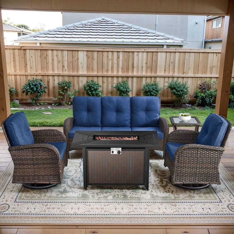 Gymojoy Outdoor Fire Pit Conversation Set, 3-Seat Sofa & Chairs Patio Furniture Set - 5-Piece included Swivel Chairs - Blue