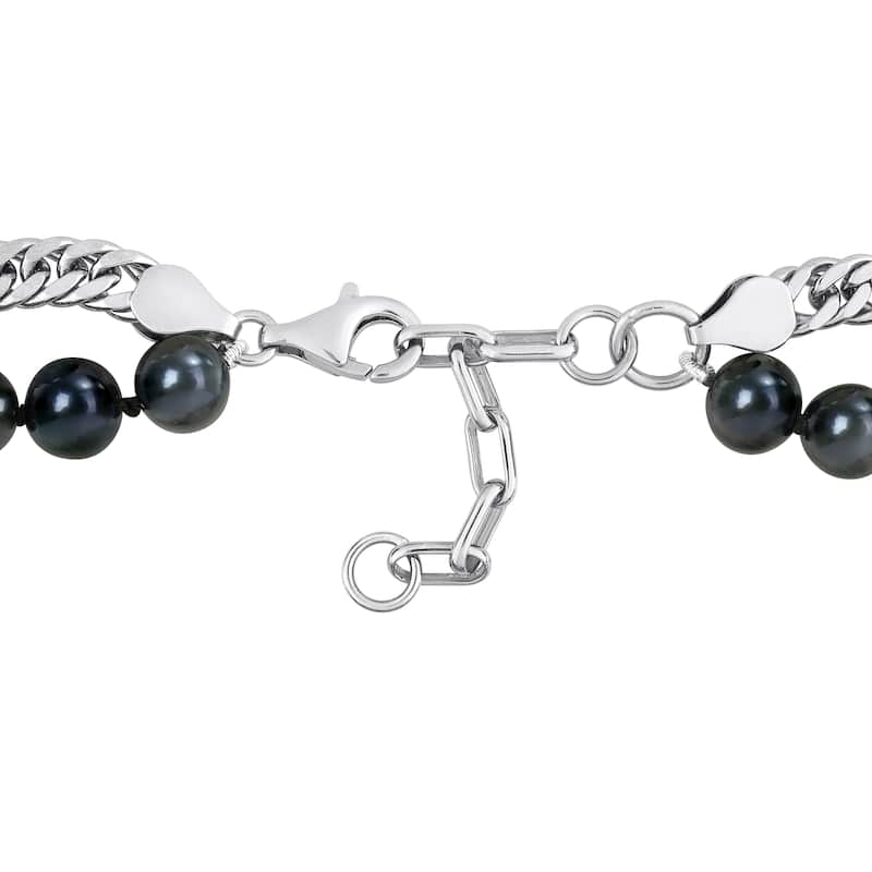 Miadora Mens 7.5-8mm Cultured Freshwater Black Pearl and Double Curb-Link Sterling Silver Necklace