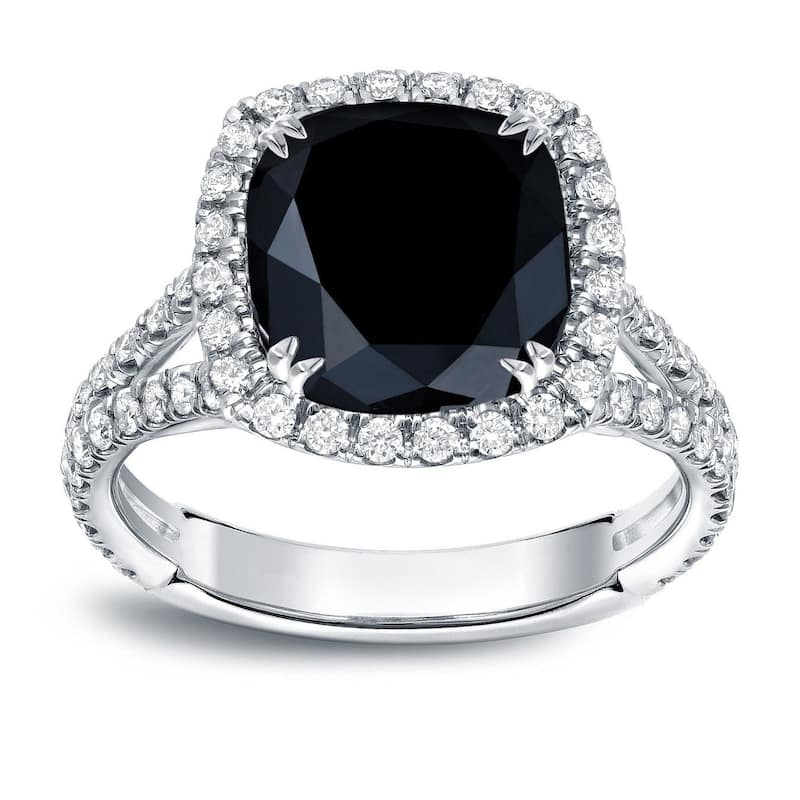 Auriya 18k Gold 3 1/3ctw Cushion-cut Black Diamond Halo Engagement Ring