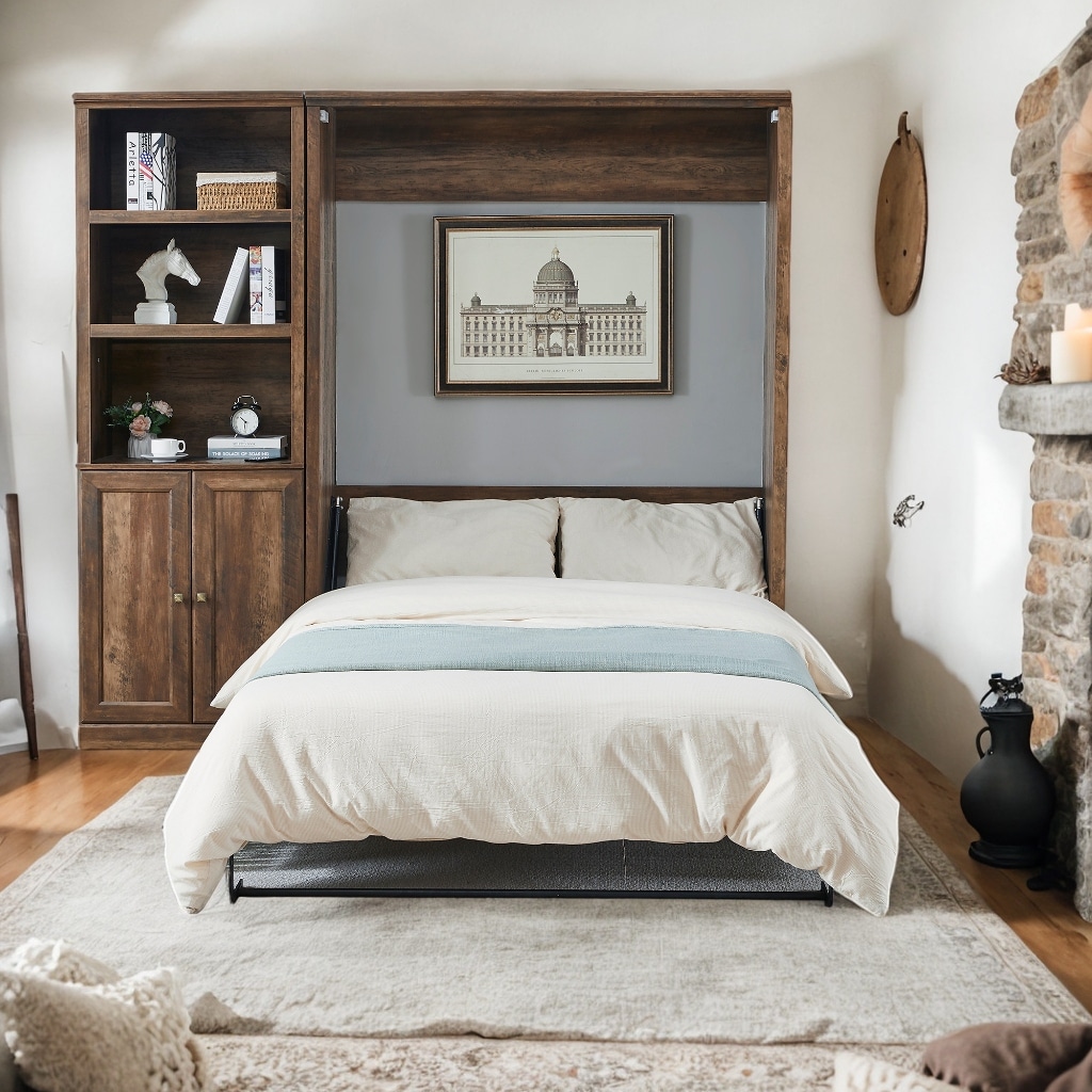 Contemporary Full Size Half Self-Close and Open Murphy Bed with 1 Side Cabinet Storage Shelf, Cabinet Space-Saving Bed