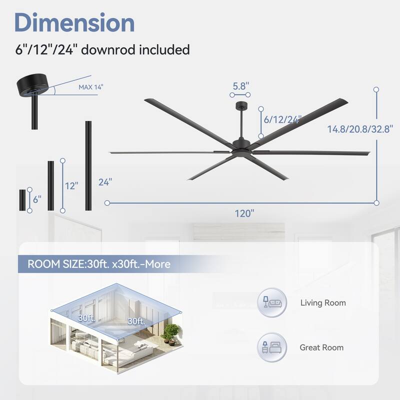 Large 96/120-inch Industrial Ceiling Fan without Light with Remote (6/8-Aluminum Blades)