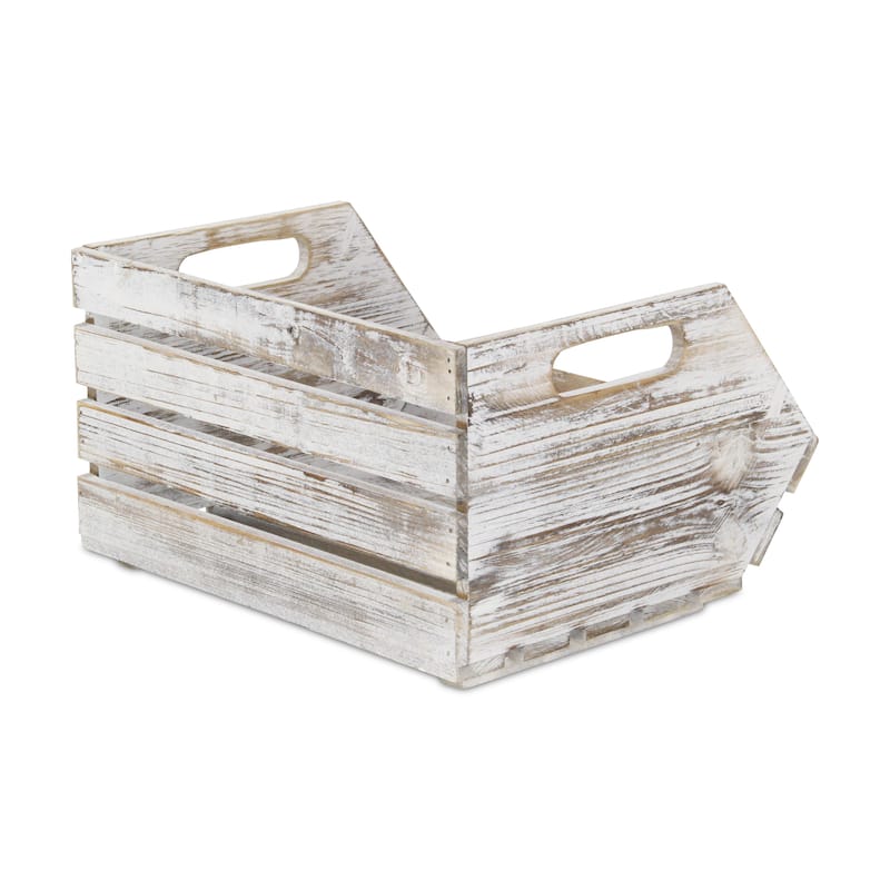 Gray Wash Slatted Wood Stackable Storage with Side Handles - L: 13" x W: 11.5" x H: 7" x FH: 3"