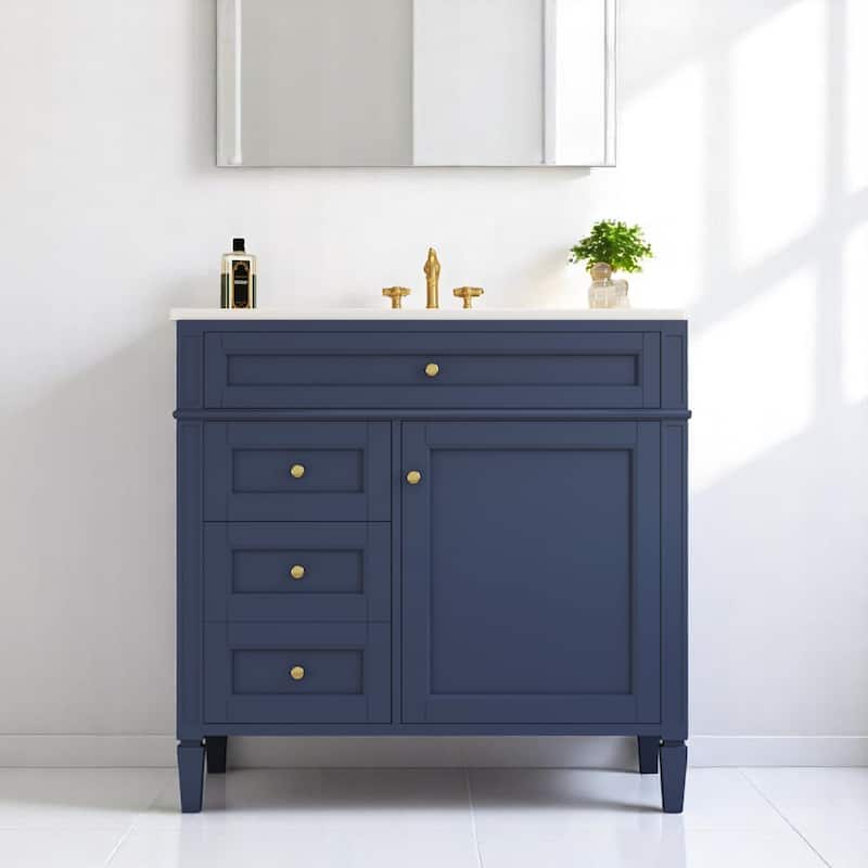 36 Inch Bathroom Vanity with Sink Top, Freestanding Storage Cabinet with 3 Drawers and Single Door, Modern Style - Blue