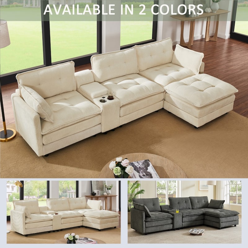 119.2" L-Shaped Corduroy Sectional Sofa with Console and Ottoman