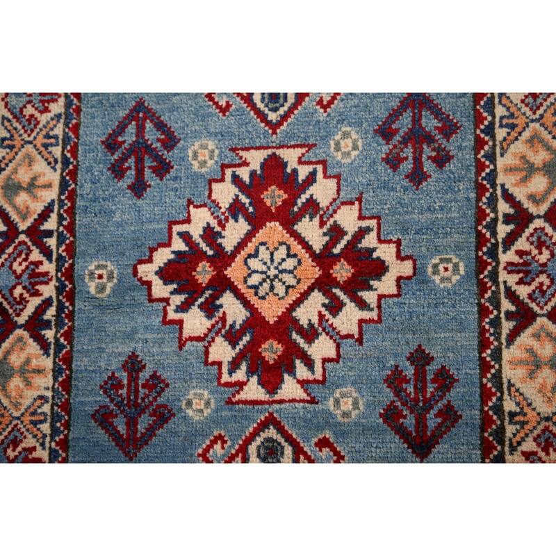 Hand Knotted Oriental 100% Wool Carpet Traditional Geometric Navy Blue & Blues Kazak Area Rug - 3' 0'' X 1' 11''