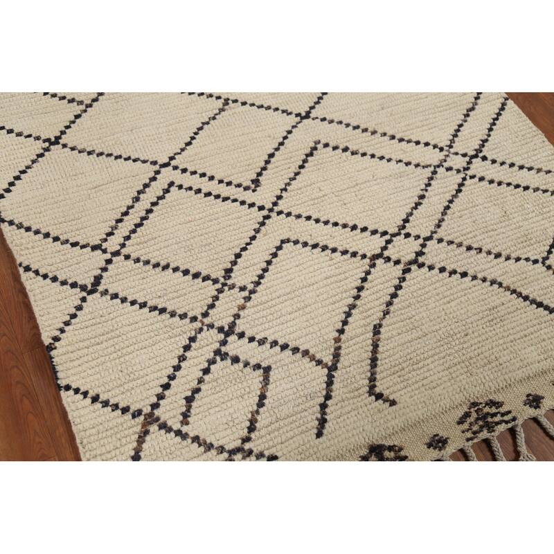 Ivory Striped Moroccan Oriental Rug Hand-Knotted Wool Carpet - 3'11"x 6'8"