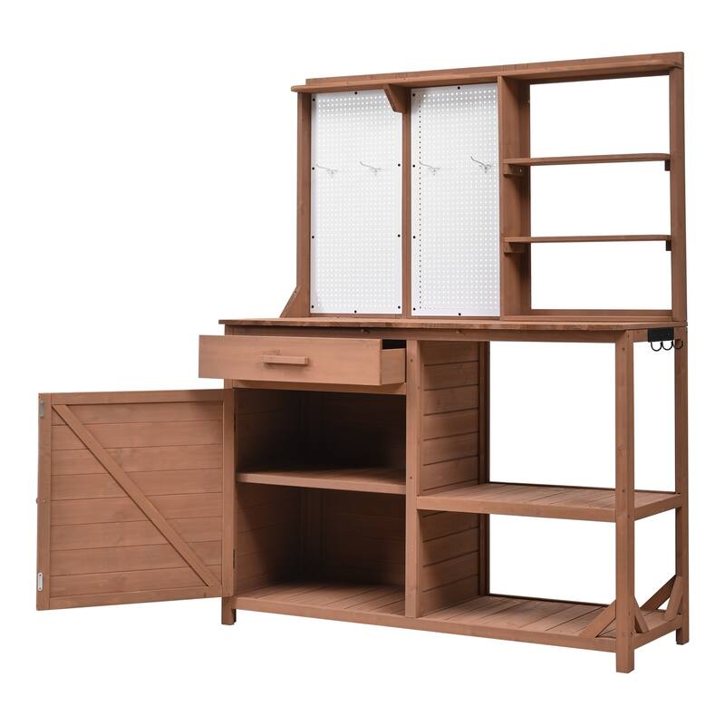 Roomfitters Fir Wood Potting Bench with Hutch, 4 Shelves, storage units, Cabinet & Pegboard Hooks, Outdoor Garden Work Table