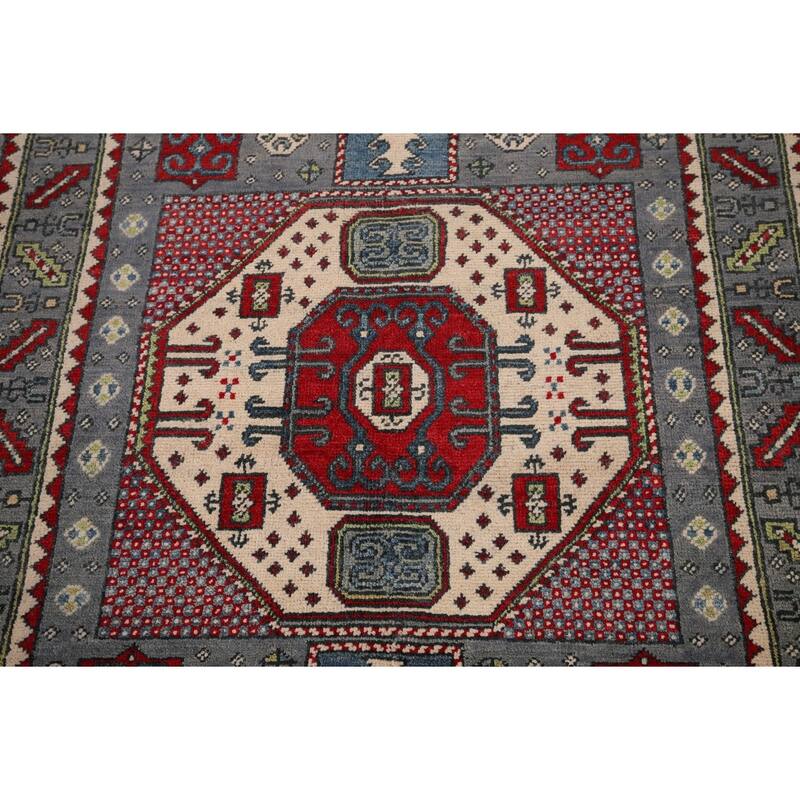 Geometric Kazak Accent Rug Hand-Knotted Wool Carpet - 3'4" x 4'10"
