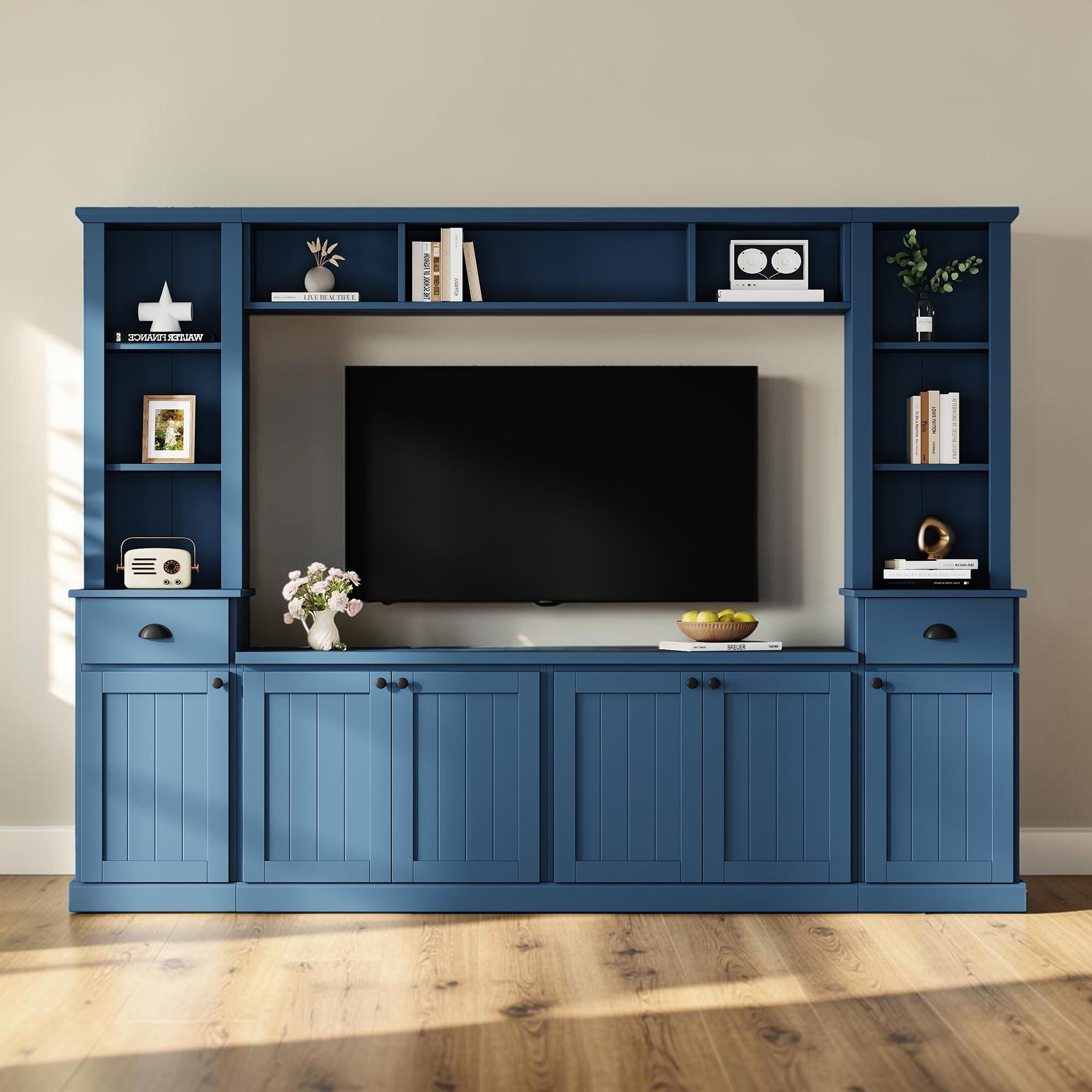 Modern Entertainment Wall Unit for TVs up to 75 Inch, Large Media Console with Storage Cabinets and Shelves