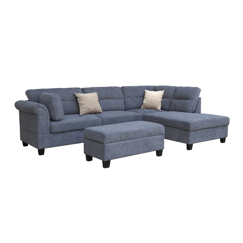 Diego 100"W Fabric Sectional Sofa with Right Facing Chaise, Storage Ottoman, and 2 Accent Pillows