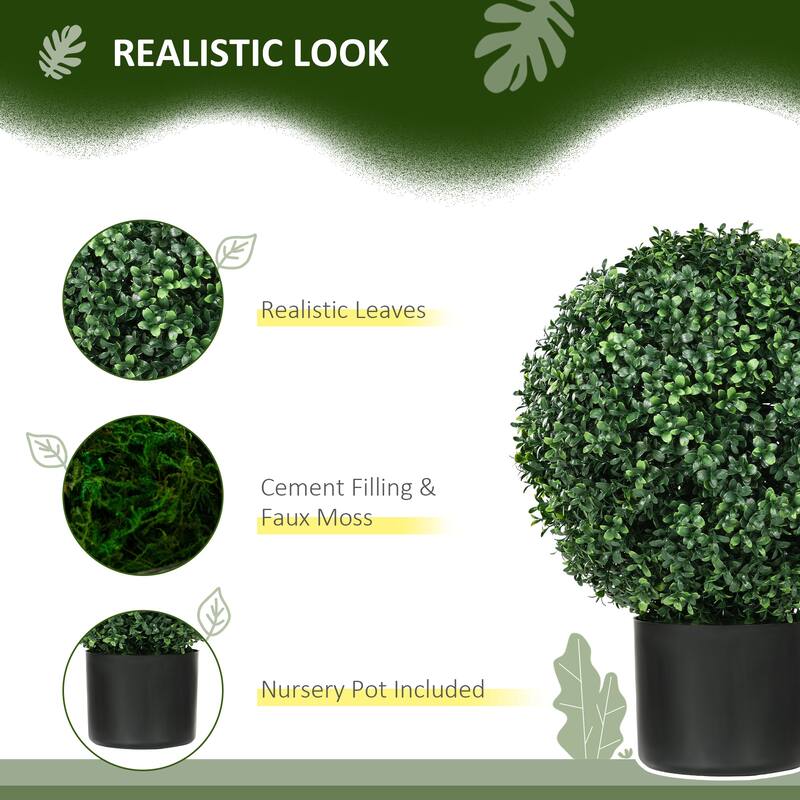 Set of 2 Artificial Boxwood Trees Ball Shaped UV Protected Durable Plastic with Nursery Pots for Home and Office Decor