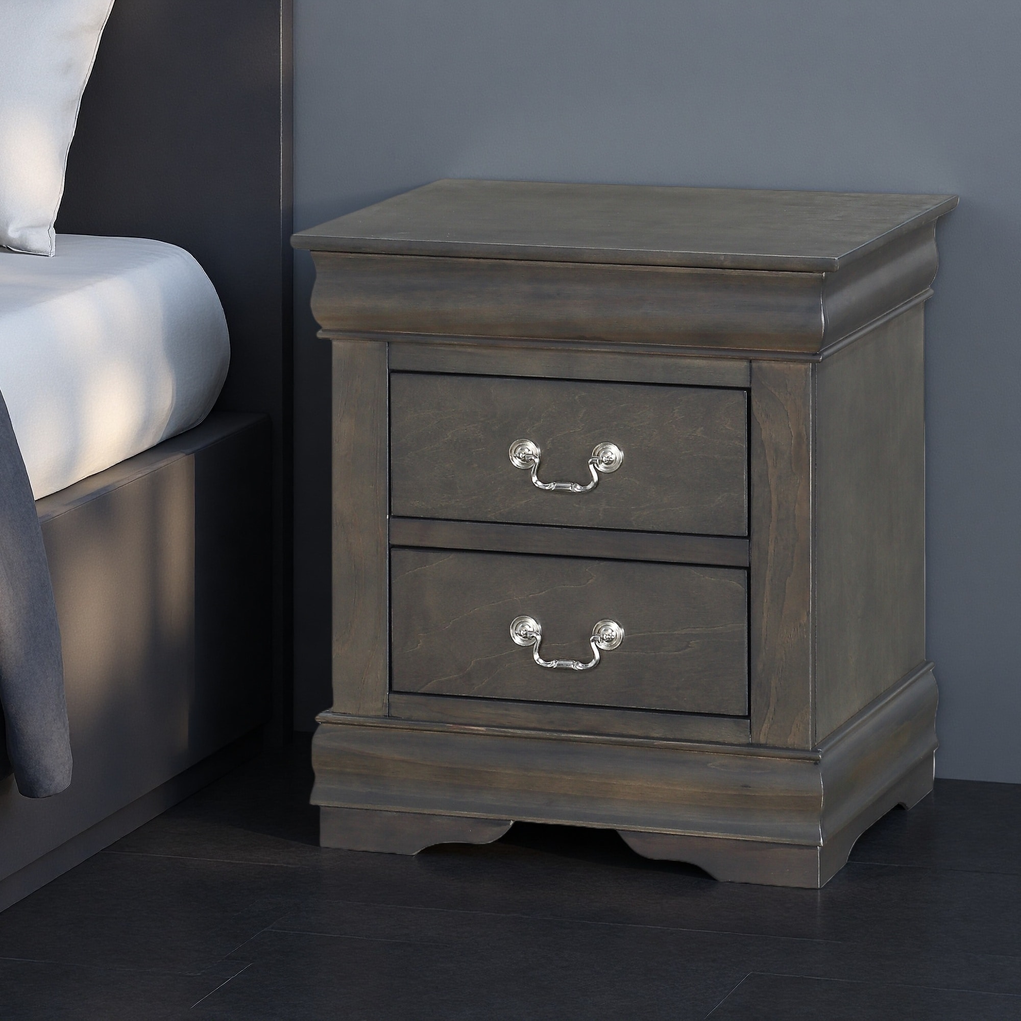 21"L Solid Pine & Gum Veneer Nightstand with 2 Drawers - Elegant Metal Hardware, Durable Center Glide, Practical Storage