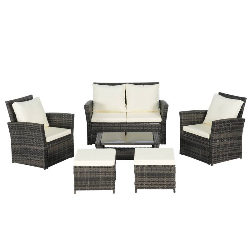 6 PCS Wicker Patio Furniture Sets with Ottoman & Tempered Glass Table - N/A