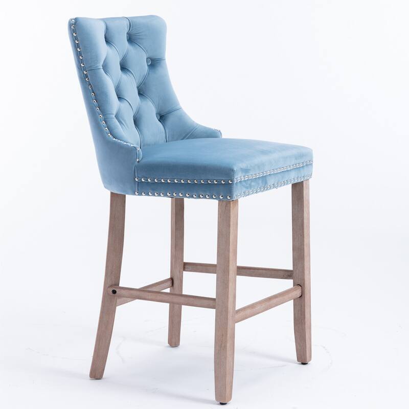 Velvet Upholstered Barstools with Button Tufted Decoration and Wooden Legs,Chrome Nailhead Trim,Bar Chairs,Bar stools,Set of 2