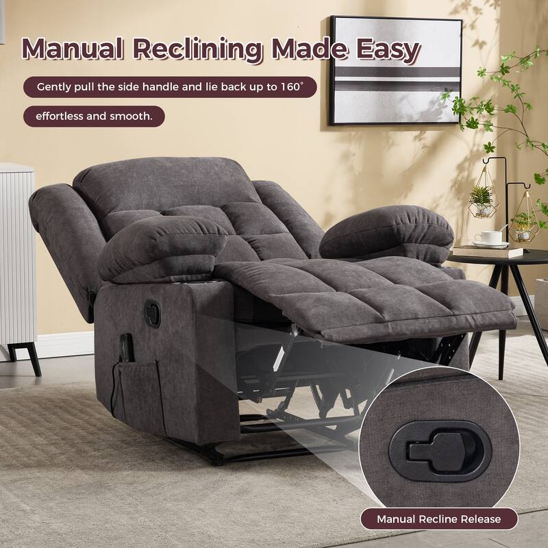 Ebello Manual Recliner Chair with Massage and Heat, Fabric Recliner with Cup Holders & Storage Pockets, Lounger for Living Room