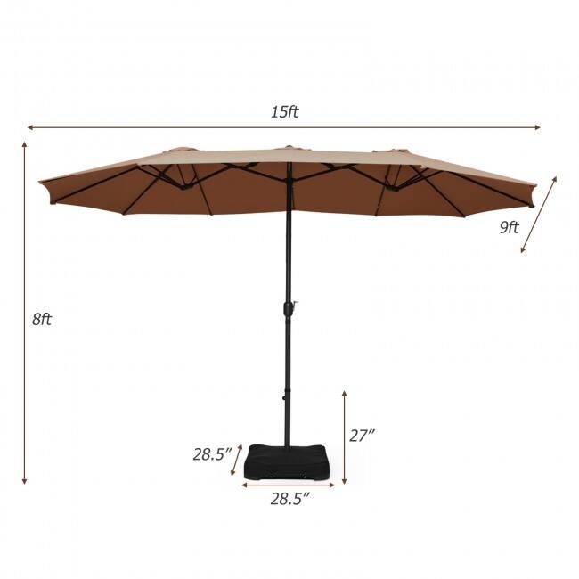 15 Foot Extra Large Patio Double Sided Umbrella with Crank and Base - 15' x 8' (W x H)