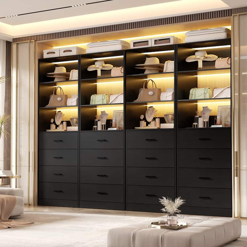 Freestanding Closet Organizer with 4 Drawers and 4 Shelves, Wooden Closet System for Walk-in Closet - Black - 4pcs