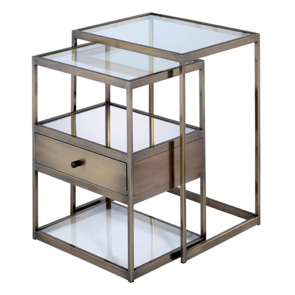 2 Piece Nesting Tables Set in Antique Brass and Clear Glass