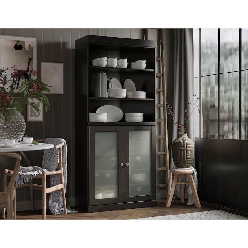 Palace Imports 100% Solid Wood Pantry Cabinet with Frosted Glass Doors, 2-Drawers and Adjustable Shelves - 32" x 71.5"