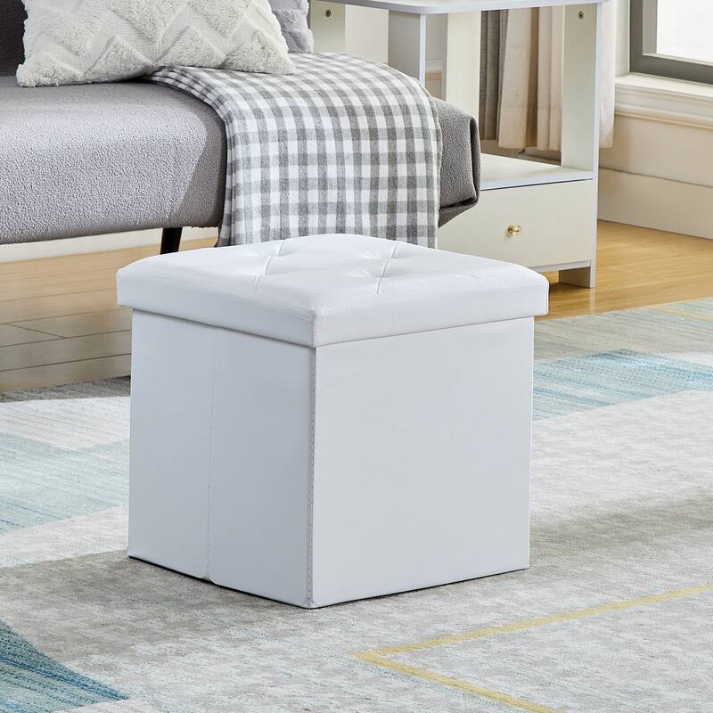 2 PC Storage Folding Ottoman, Storage Footrest Stool, Faux Leather Storage Bench Cube with Padded Seat for Small Space