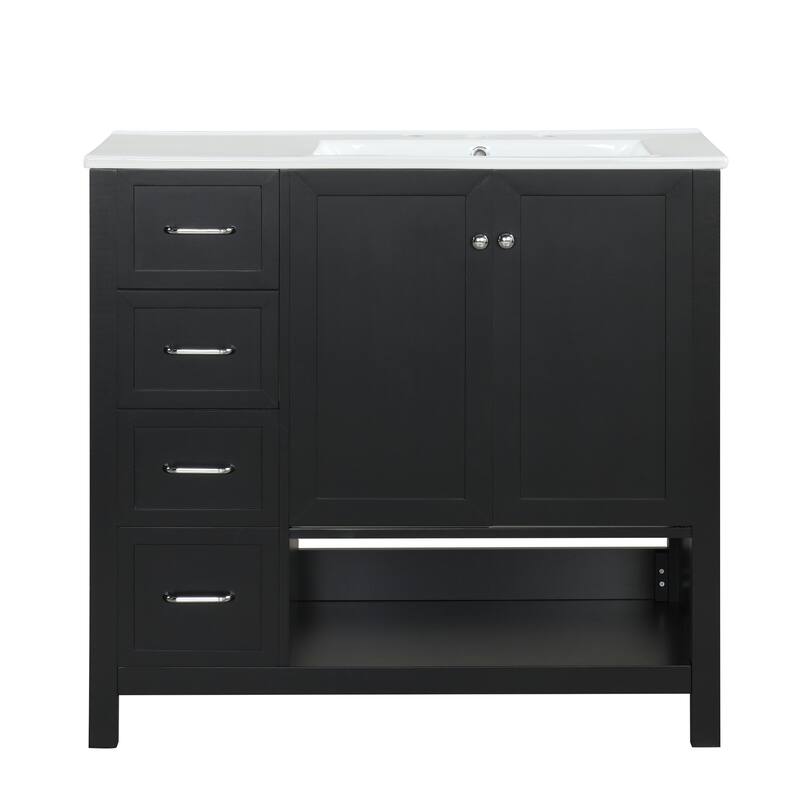 Freestanding Storage Cabinet Bathroom Vanity with Drop-In Sink, Ceramic Top, 2 Doors, 2 Drawers and Open Shelf