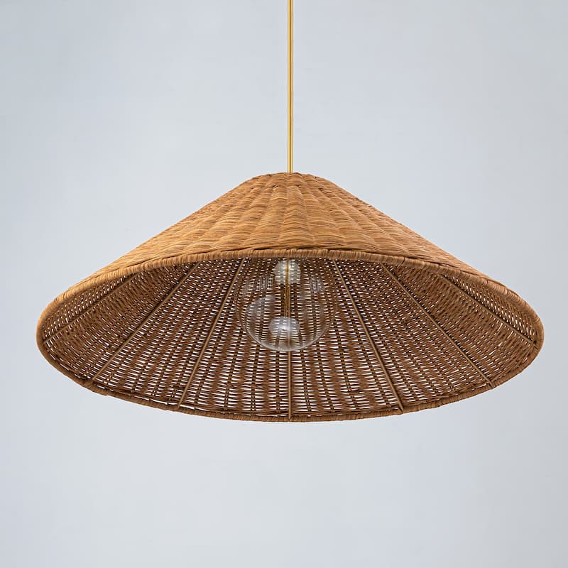 1-Light Farmhouse Straw Hat Hand Woven Chandelier with Natural Rattan Shade