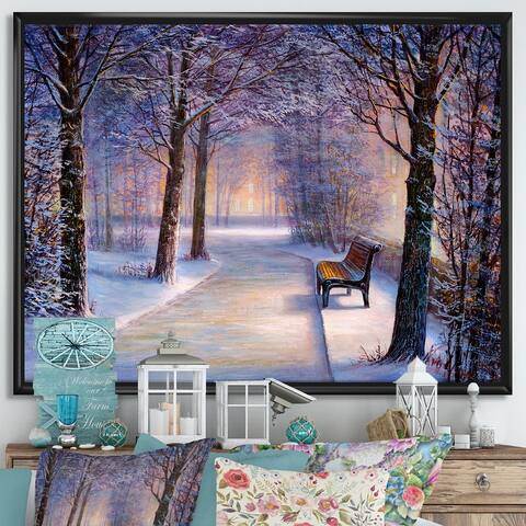 Designart "Bench In The Park During Winter Afternon Glow" Farmhouse Framed Canvas Wall Art Print