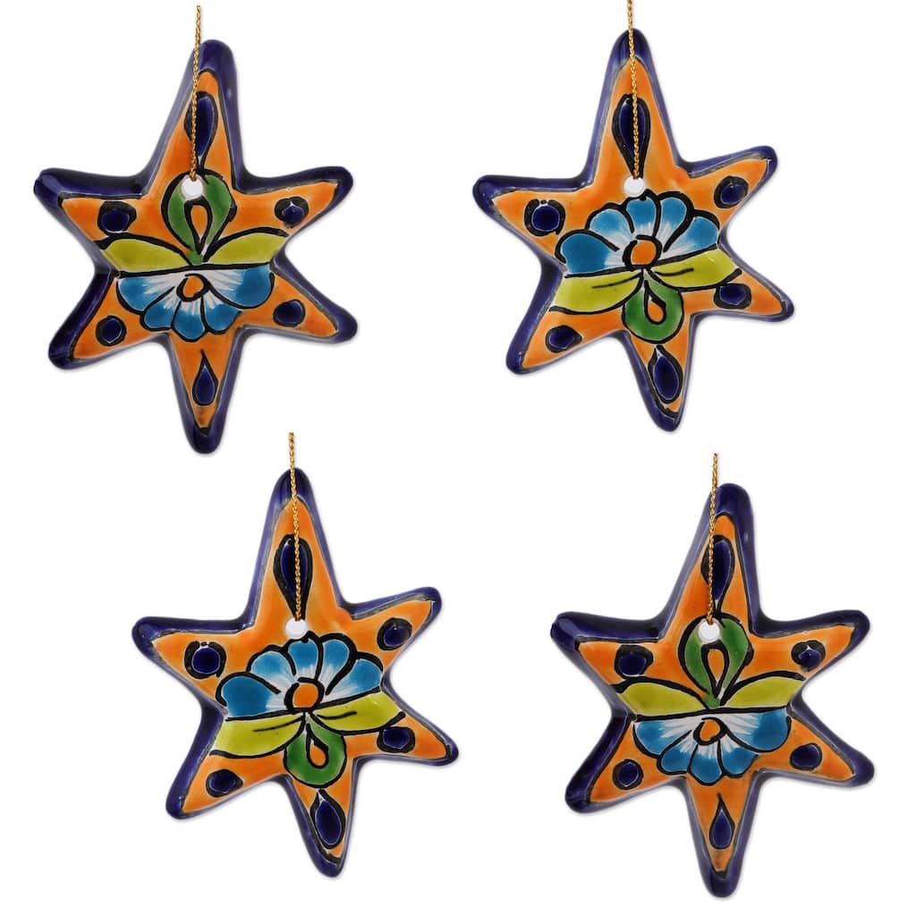 Novica Handmade Talavera Stars Ceramic Ornament (Set Of 4)