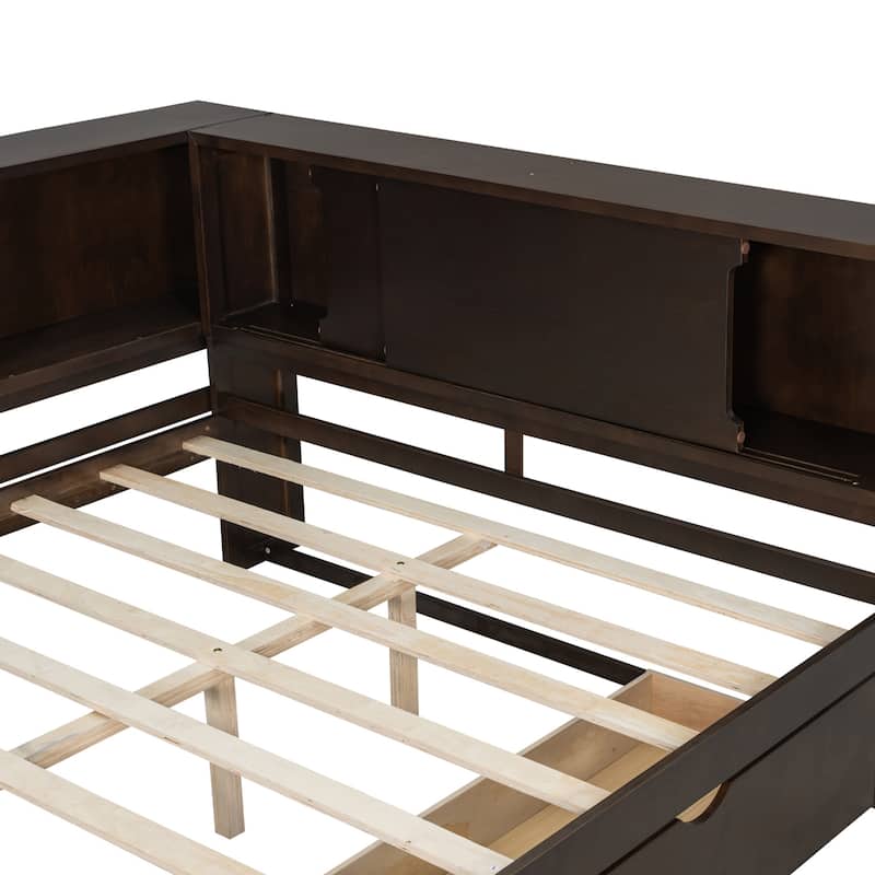Queen Size Wood Daybed with LED Storage Shelves, USB Ports, and 2 Drawers by Harper&Bright Designs