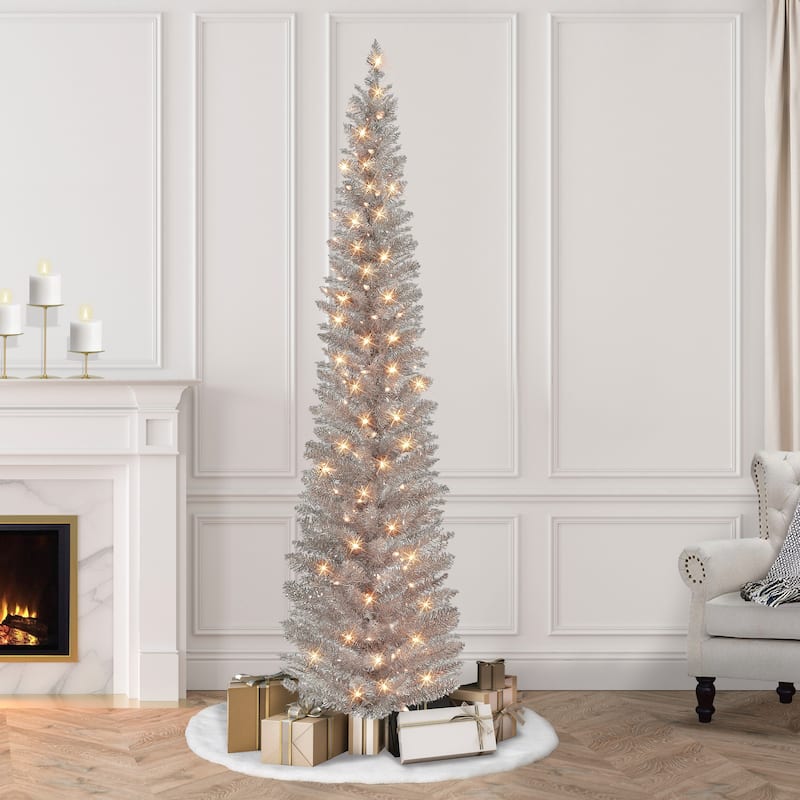 Puleo International 7 ft. Pre-Lit Rose Gold Tinsel Artificial Tree - Pink