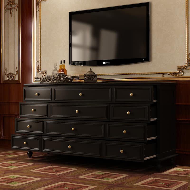 63" Wide 9/12 Drawer Dresser for Bedroom, Modern Farmhouse Double Dresser with Gold Knobs, Large Storage Chest