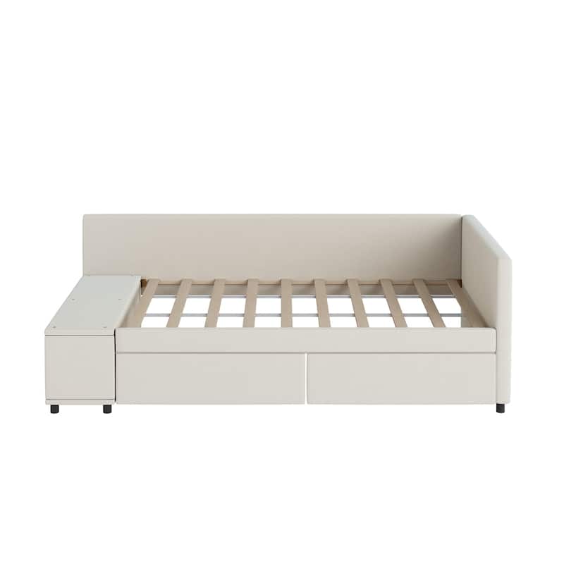 L-Shaped Twin size Upholstered Platform Bed with Storage and Drawers