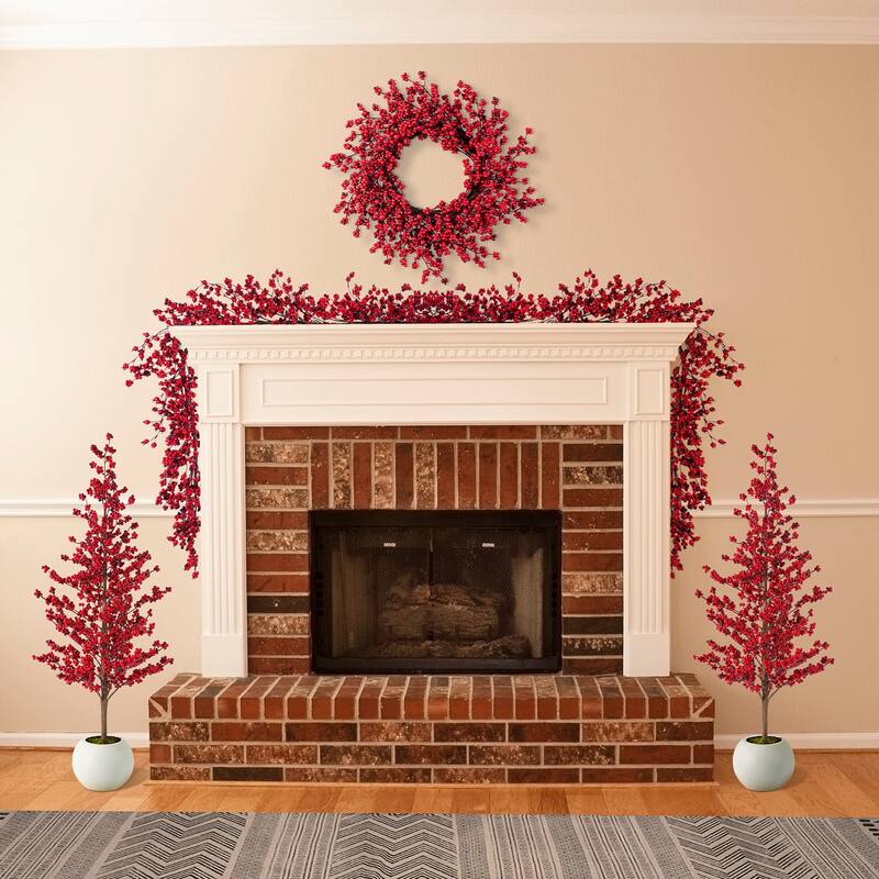 Glitzhome Christmas Greenery PE Dripping Pine Porch Tree with Pinecones and Red Berries - Set of 5-Berry Trees & Garlands & Wreath